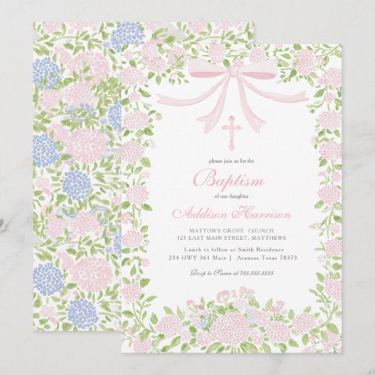 Pink floral Baptism Invitation, Girl Baptism,  招待状 (正面/裏面)