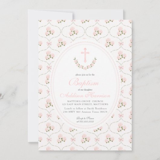 Pink floral Baptism Invitation, Girl Baptism,  招待状 (正面)