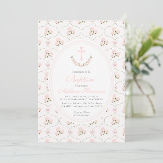 Pink floral Baptism Invitation, Girl Baptism,  招待状 (スタンド正面)