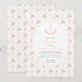 Pink floral Baptism Invitation, Girl Baptism,  招待状 (正面/裏面)