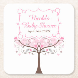 Pink Floral Bird Baby Shower  スクエアペーパーコースター