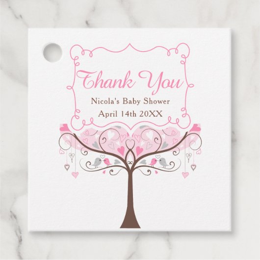 Pink Floral Bird Baby Shower Thank You フェイバータグ (正面)