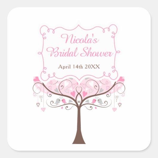 Pink Floral Bird Bridal Shower  スクエアシール (正面)