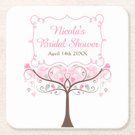 Pink Floral Bird Bridal Shower スクエアペーパーコースター