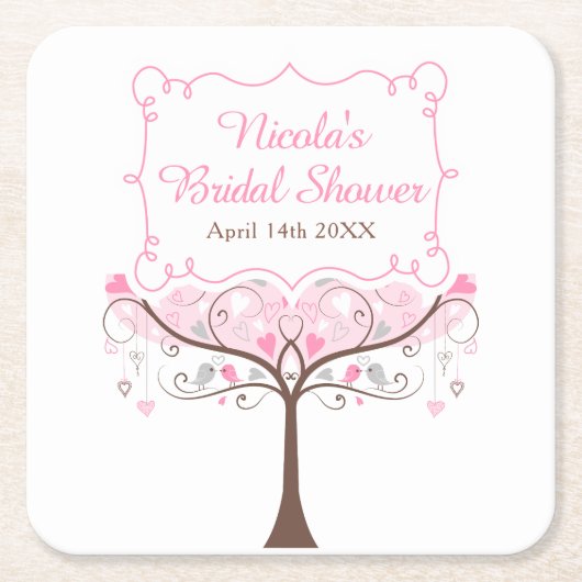 Pink Floral Bird Bridal Shower スクエアペーパーコースター (正面)