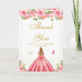 Pink Floral Blonde Hair Girl Birthday Party サンキューカード