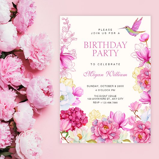 Pink floral bloom birthday 招待状