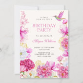 Pink floral bloom birthday 招待状 (正面)