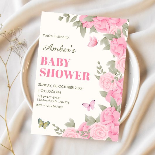 Pink floral blossom baby shower 招待状