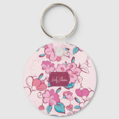 Pink Floral Blossom Script Name Paper Coaster キーホルダー (正面)