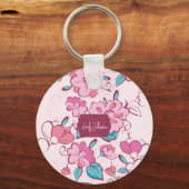 Pink Floral Blossom Script Name Paper Coaster キーホルダー (正面)