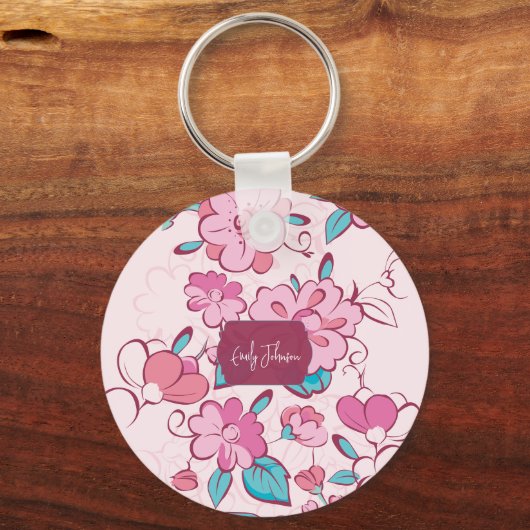 Pink Floral Blossom Script Name Paper Coaster キーホルダー (正面)