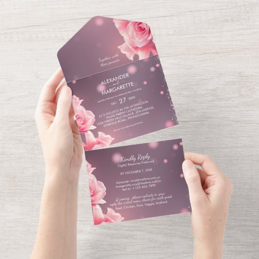 Pink Floral Blush All in One Wedding Invite オールインワン招待状 (貼ってはがせる)