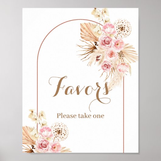 Pink Floral Boho Arch Pampas Grass Favor Sign ポスター (正面)
