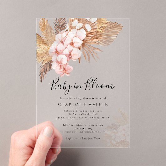 Pink Floral Boho Baby in Bloom Pampas Grass Shower アクリル招待状 (インサイチュ (ポータブル))