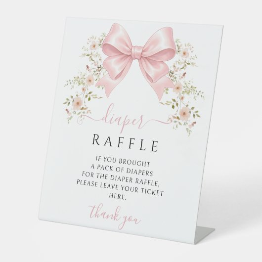 Pink Floral Bow Baby Girl Shower Diaper Raffle 台座サイン (正面)