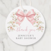 Pink Floral Bow Baby Girl Shower Thank you フェイバータグ (正面)