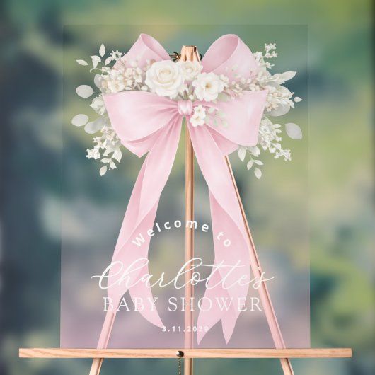 Pink Floral Bow Baby girl Shower Welcome アクリルサイン (ニュートラル)