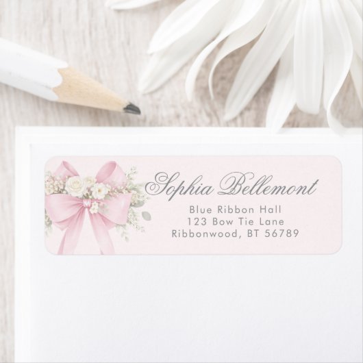 Pink Floral Bow Baby Shower Return Address ラベル (インサイチュ)