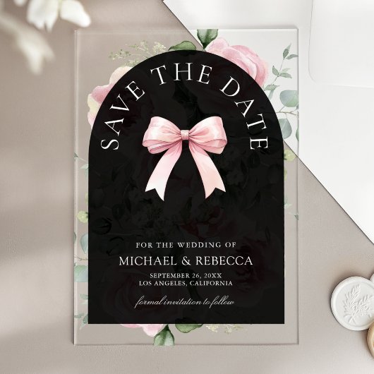 Pink Floral Bow Black Wedding Save the Date アクリル招待状