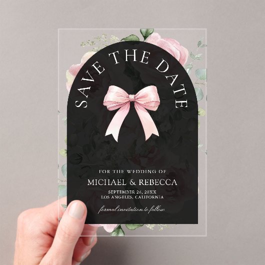Pink Floral Bow Black Wedding Save the Date アクリル招待状 (インサイチュ (ポータブル))