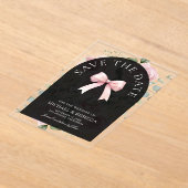 Pink Floral Bow Black Wedding Save the Date アクリル招待状 (レイダウン)
