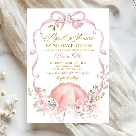 Pink Floral Bow Coquette April Shower 招待状