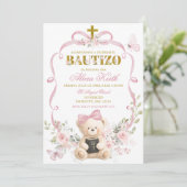 Pink Floral Bow Coquette Bear Bautizo invitation 招待状 (スタンド正面)
