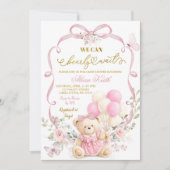Pink Floral Bow Coquette Bearly Wait Baby Shower 招待状 (正面)