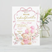 Pink Floral Bow Coquette Bearly Wait Baby Shower 招待状 (スタンド正面)