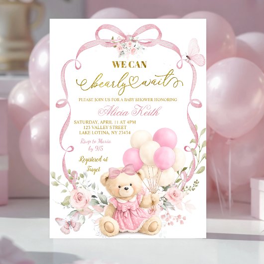 Pink Floral Bow Coquette Bearly Wait Baby Shower 招待状