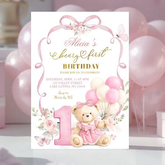 Pink Floral Bow Coquette Beary First Birthday 招待状