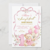 Pink Floral Bow Coquette Beary First Birthday 招待状 (正面)