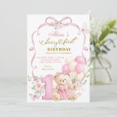 Pink Floral Bow Coquette Beary First Birthday 招待状 (スタンド正面)