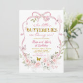 Pink Floral Bow Coquette Butterfly Twin Birthday 招待状 (スタンド正面)
