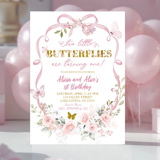 Pink Floral Bow Coquette Butterfly Twin Birthday 招待状