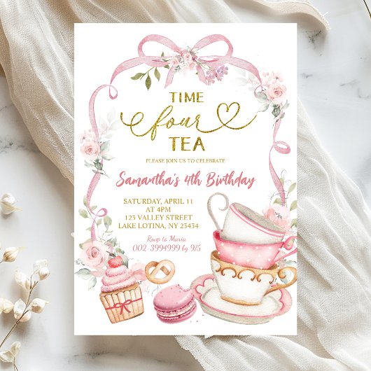 Pink Floral Bow Coquette Time FOUR tea birthday 招待状