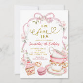 Pink Floral Bow Coquette Time FOUR tea birthday 招待状 (正面)