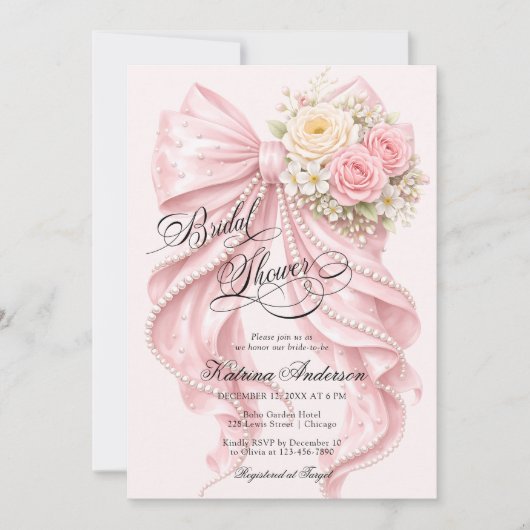 Pink Floral Bow Elegant Bridal Shower 招待状 (正面)