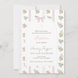 Pink Floral Bow Elegant Christian Girl Baptism 招待状