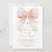 Pink Floral Bow Girl Baptism 招待状 (正面)