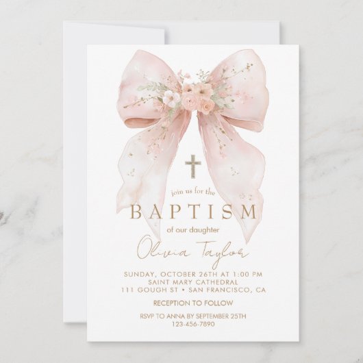 Pink Floral Bow Girl Baptism 招待状 (正面)