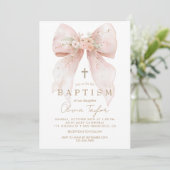 Pink Floral Bow Girl Baptism 招待状 (スタンド正面)