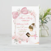 Pink Floral Bow Girl First Holy Communion 招待状 (スタンド正面)