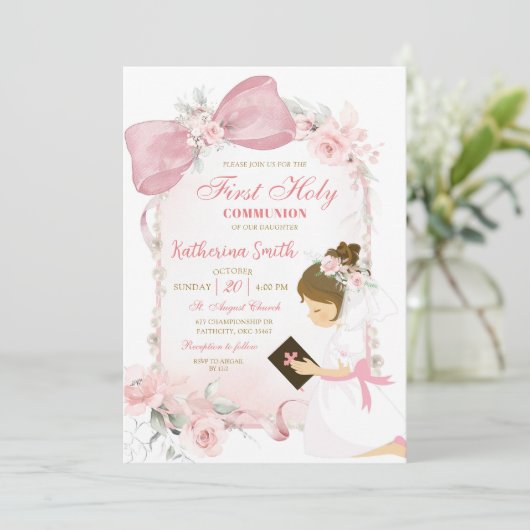 Pink Floral Bow Girl First Holy Communion 招待状 (スタンド正面)