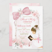 Pink Floral Bow Girl First Holy Communion 招待状 (正面/裏面)
