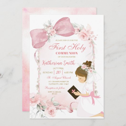 Pink Floral Bow Girl First Holy Communion 招待状 (正面/裏面)