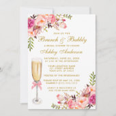 Pink Floral Bridal Shower Brunch Bubbly Gold 招待状 (正面)