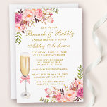 Pink Floral Bridal Shower Brunch Bubbly Gold 招待状<br><div class="desc">Watercolor Pink Blush Floral Gold Bridal Shower Brunch & Bubbly Invitation Card with Champagne Glass and Pink Bow</div>