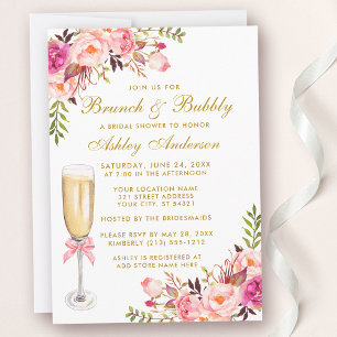 Pink Floral Bridal Shower Brunch Bubbly Gold 招待状
